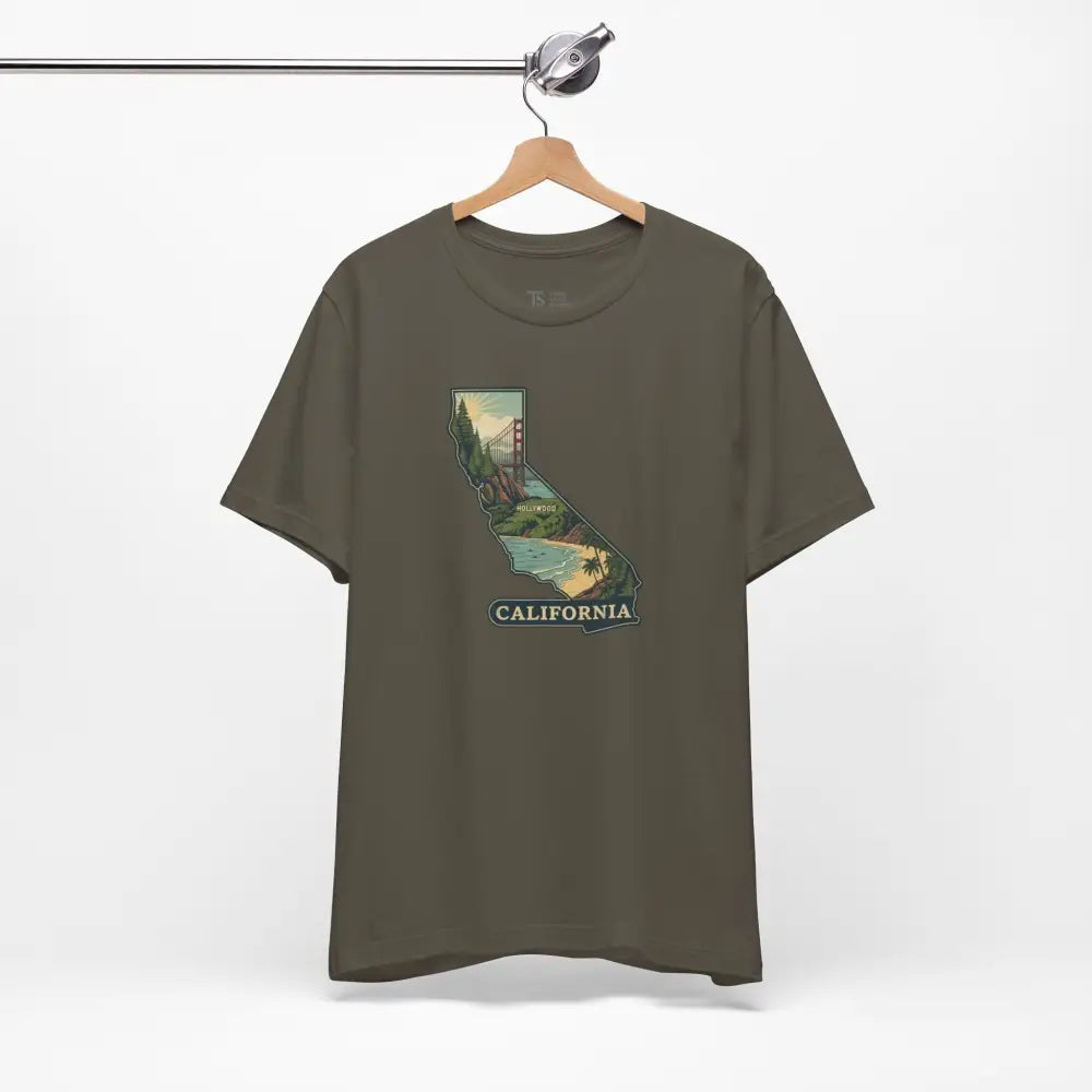 Olive green California state outline tee with Golden Gate Bridge coastline graphic