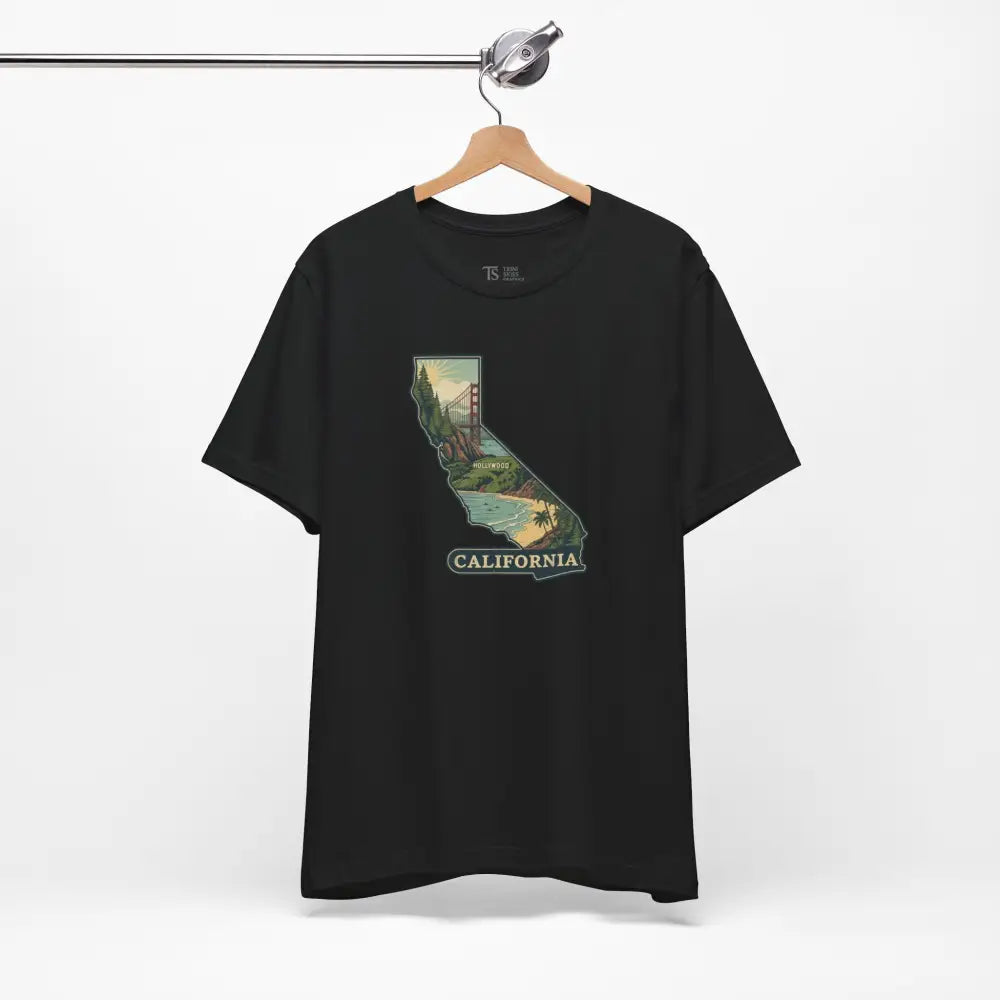 Black California state t-shirt with Golden Gate Bridge and coastline graphic design