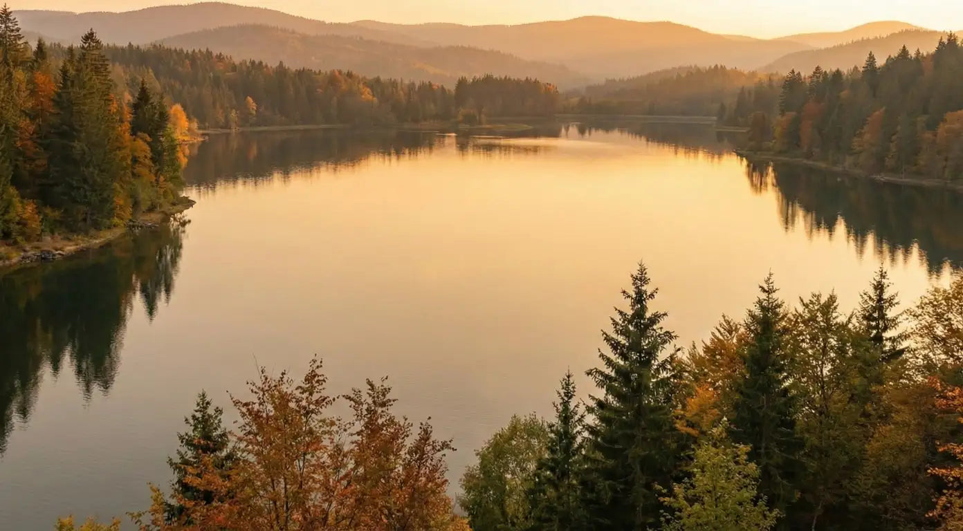 Calm lake reflecting golden autumn hills and evergreen trees