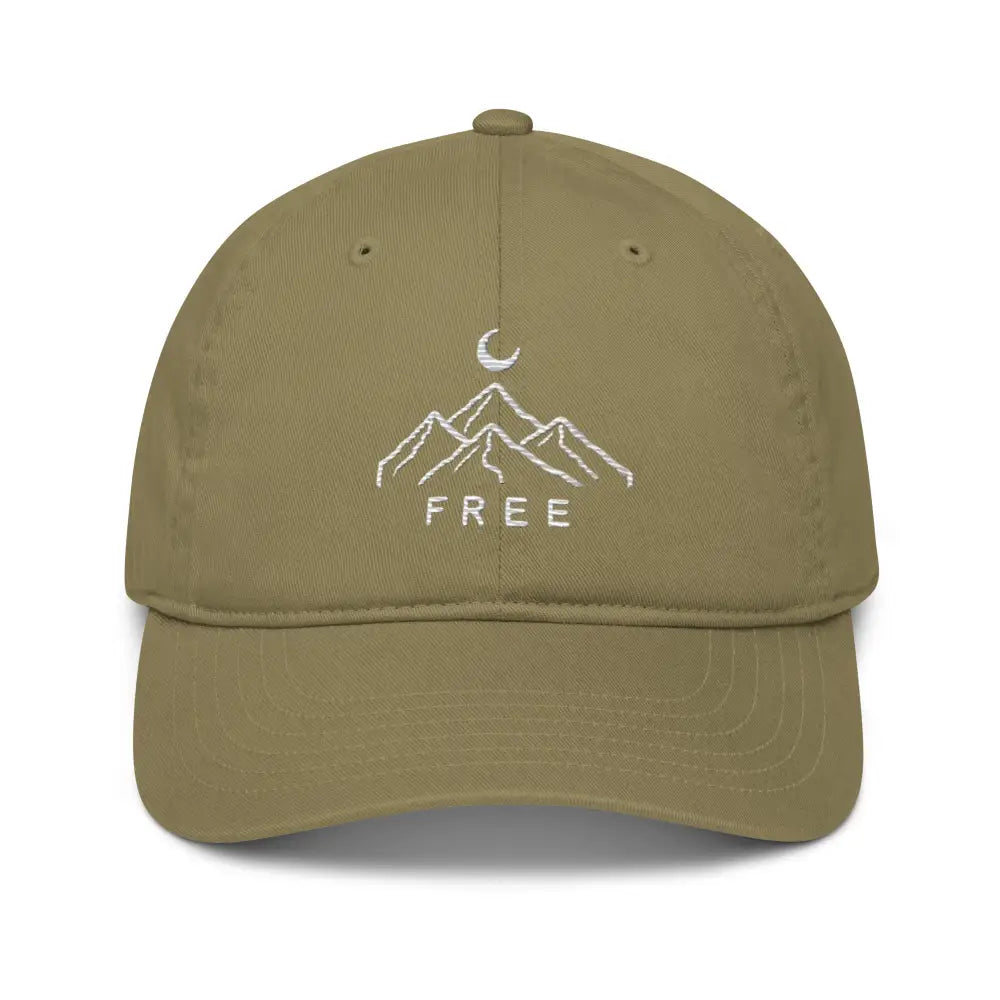 Wilderness minimalist embroidered olive green hat with mountain moon design