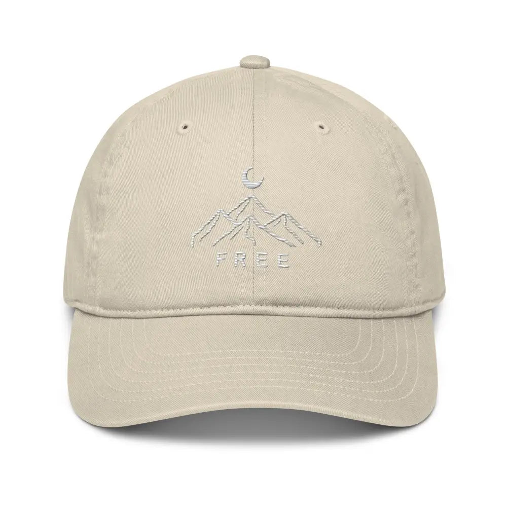 Wilderness minimalist embroidered light beige baseball cap with mountain moon design
