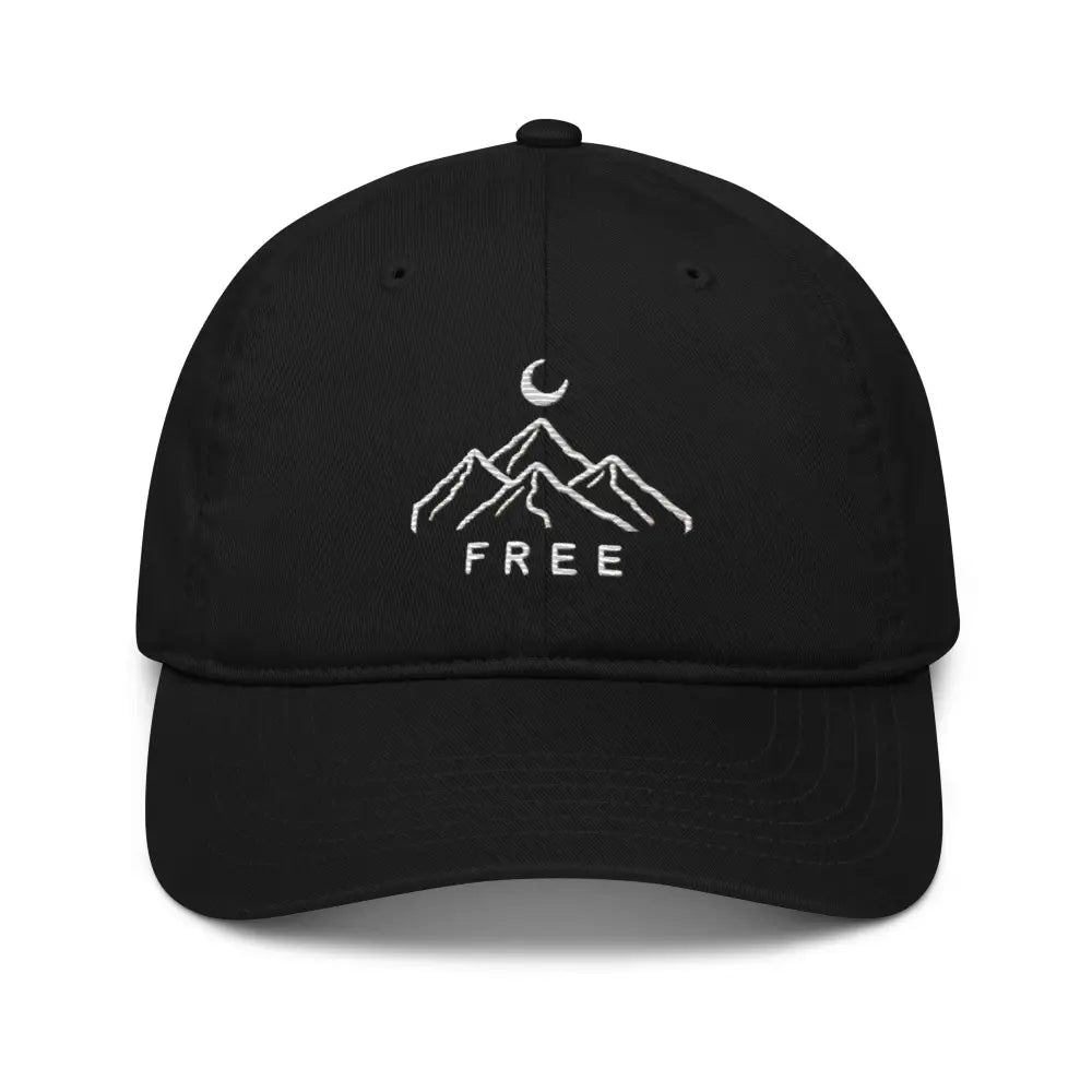 Wilderness minimalist embroidered black dad hat with mountain moon design