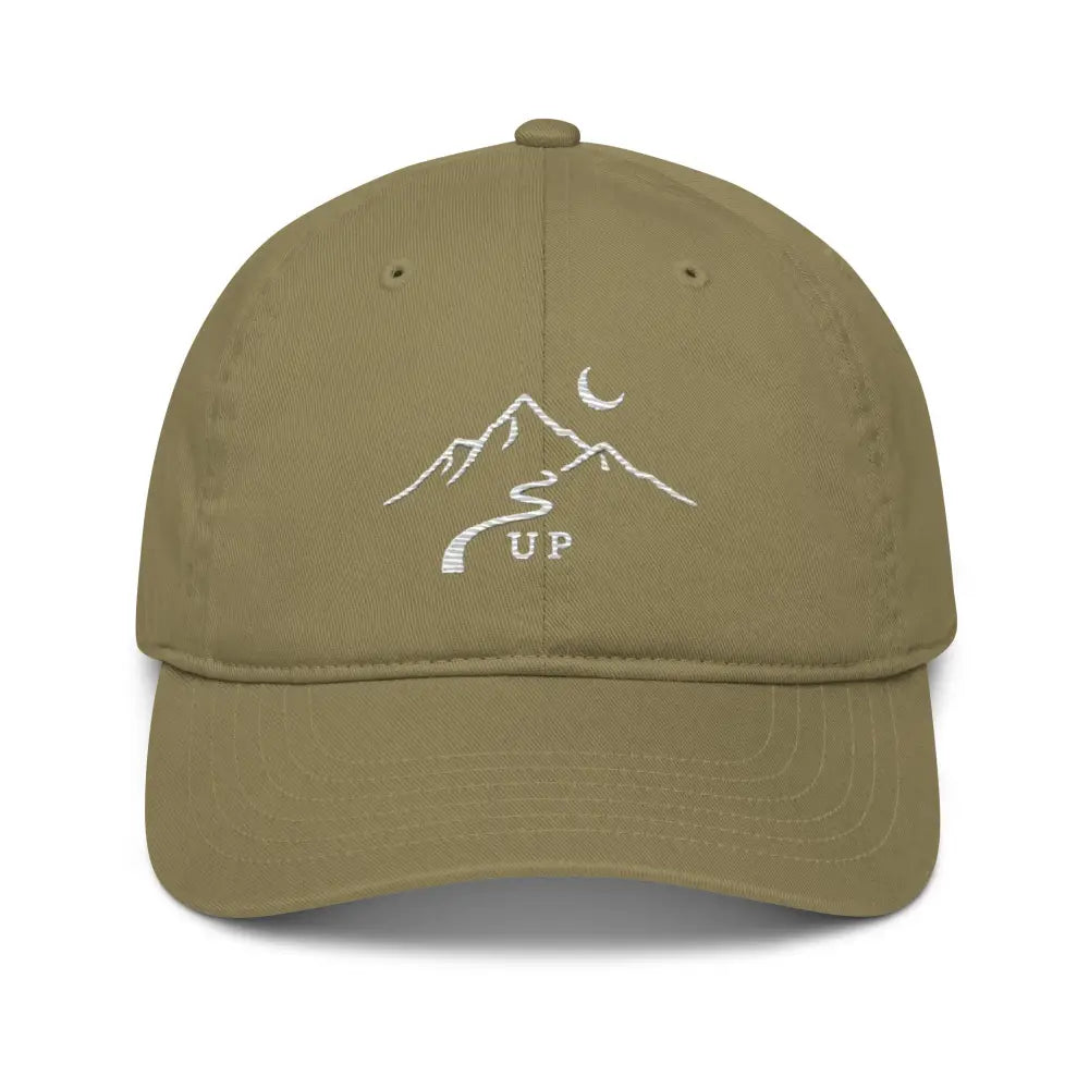 Wilderness minimalist embroidered olive green dad hat with mountain moon design