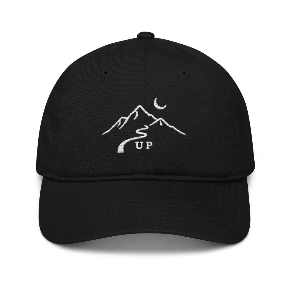 Wilderness minimalist embroidered black baseball cap with mountain moon design