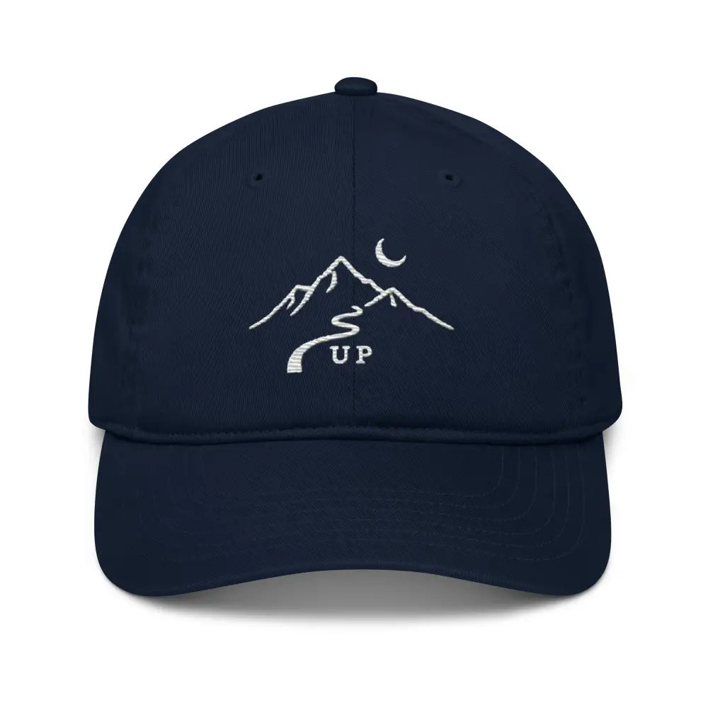 Wilderness Minimalist Embroidered Hat with Dark Blue Mountains and Moon