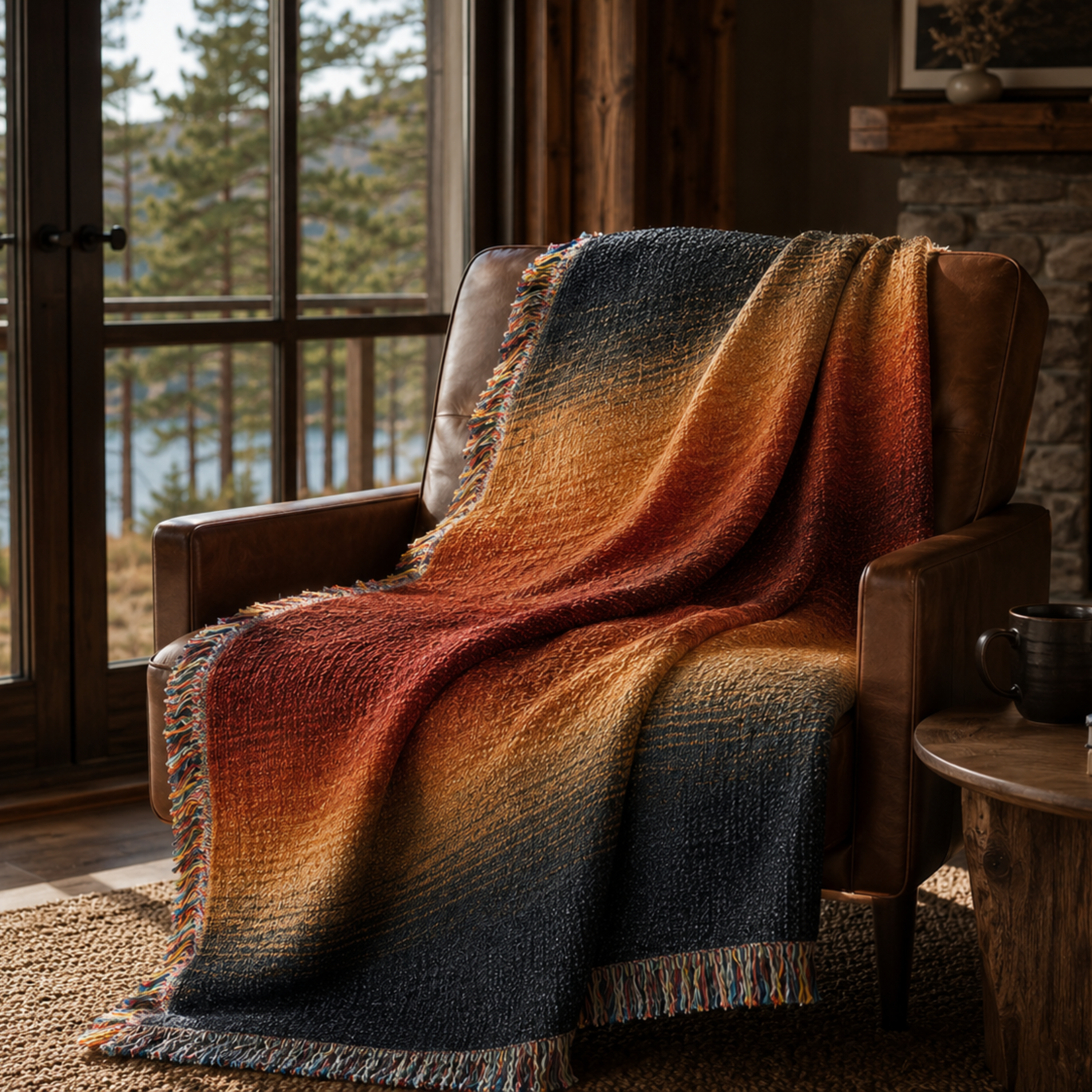 Canyon Dusk woven throw draped over a leather chair by a cabin window — 100% cotton Southwest gradient throw in charcoal and amber

