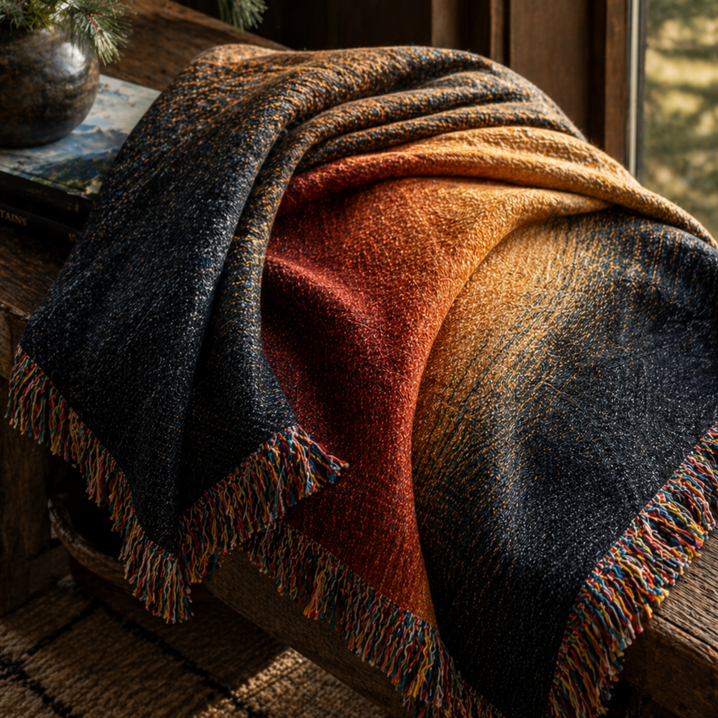 Close-up of Canyon Dusk woven throw showing multicolor fringe detail and jacquard weave texture — 100% cotton

