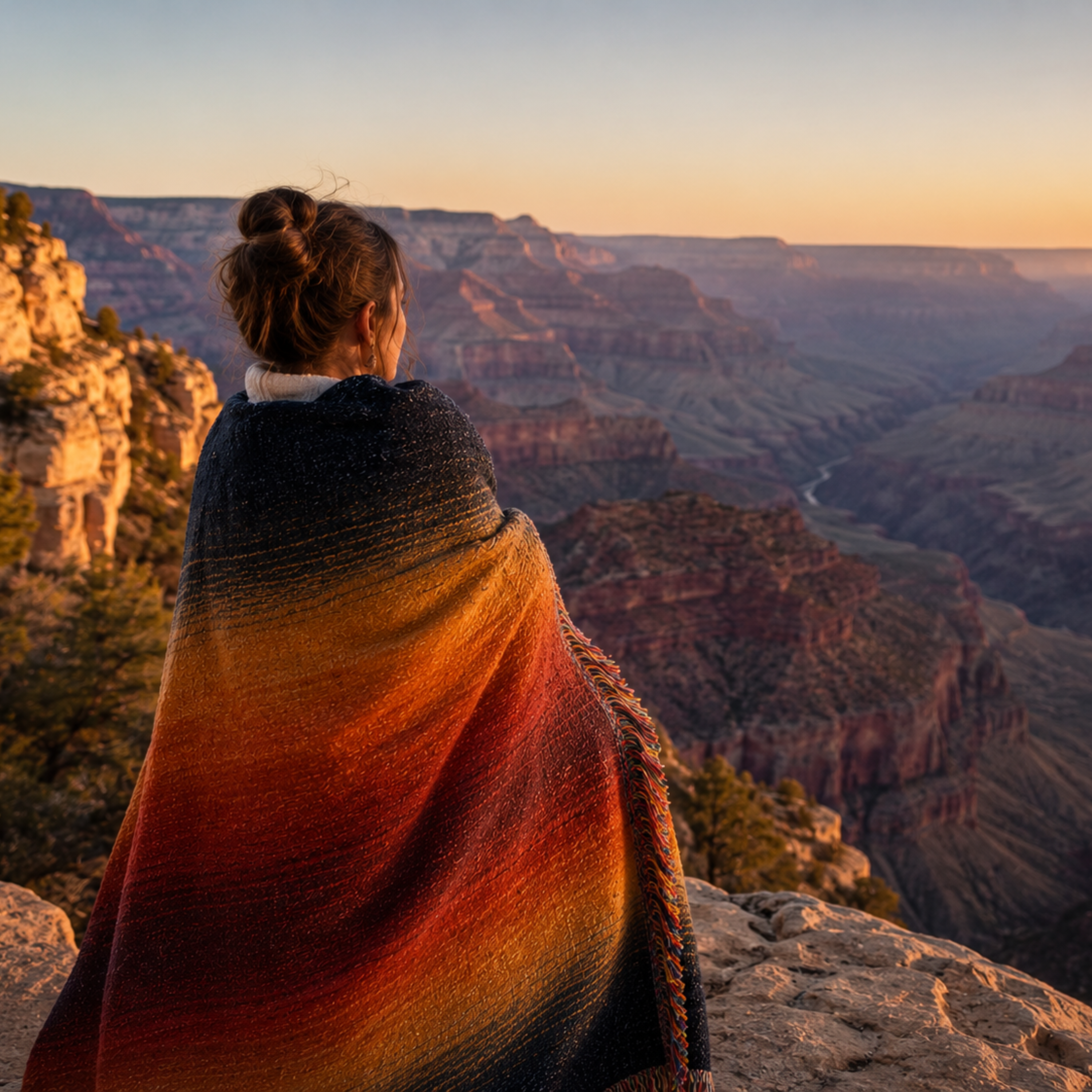 wrapped in Canyon Dusk woven throw at a canyon overlook at sunset — Southwest gradient cotton blanket in charcoal, sienna, and amber