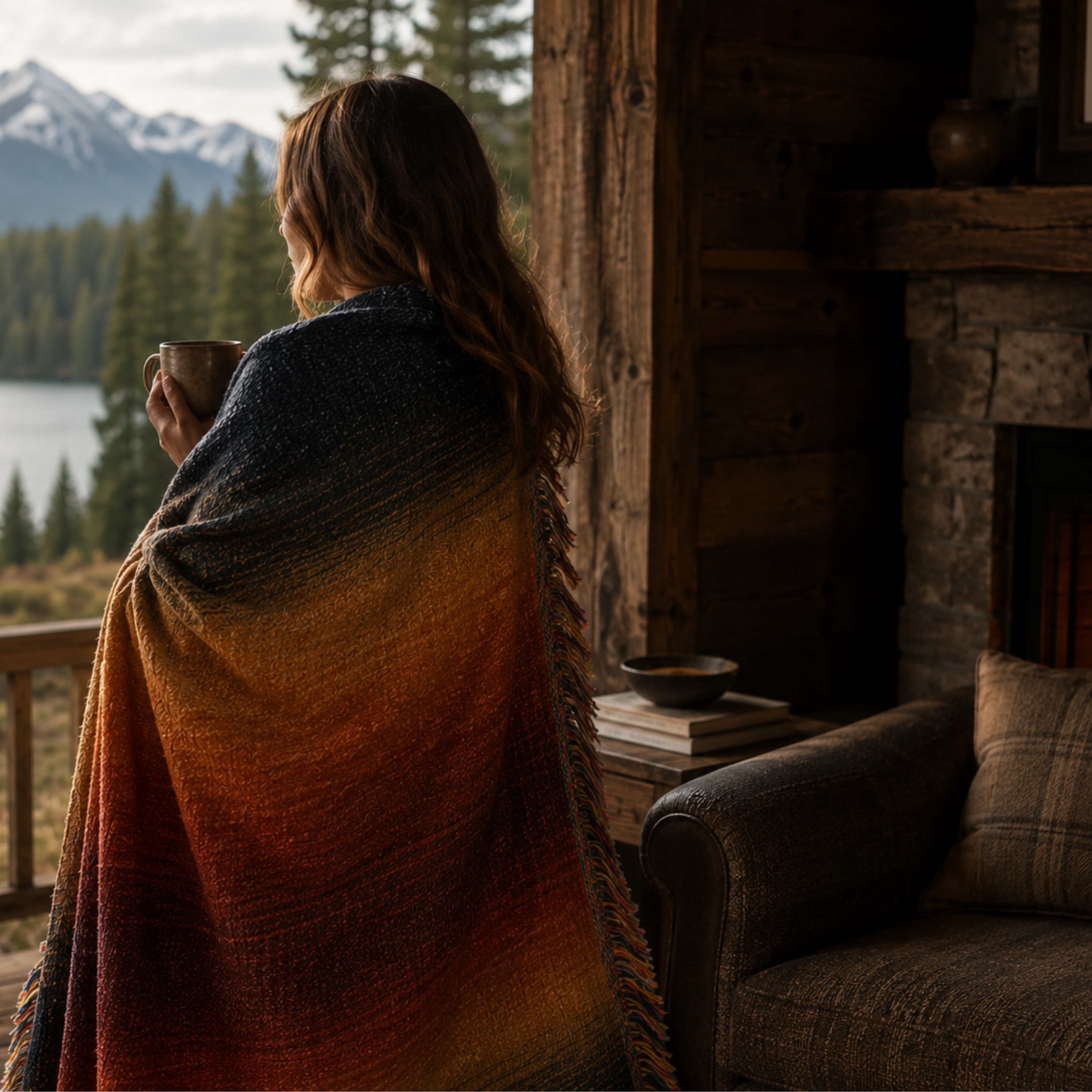 Woman wrapped in Canyon Dusk throw at a cabin window overlooking a mountain lake — woven cotton gradient blanket with fringe

