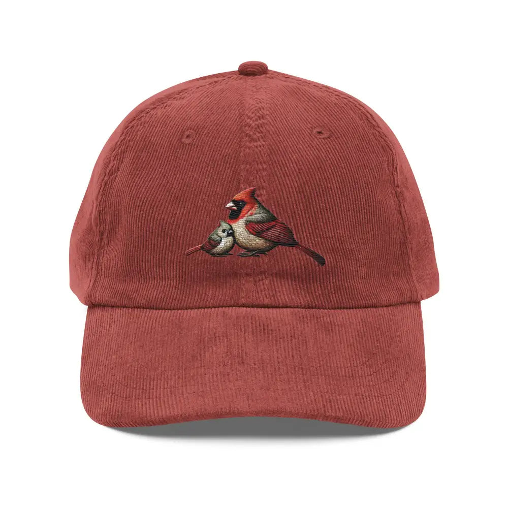 Vintage corduroy baseball cap with embroidered cardinal and chick