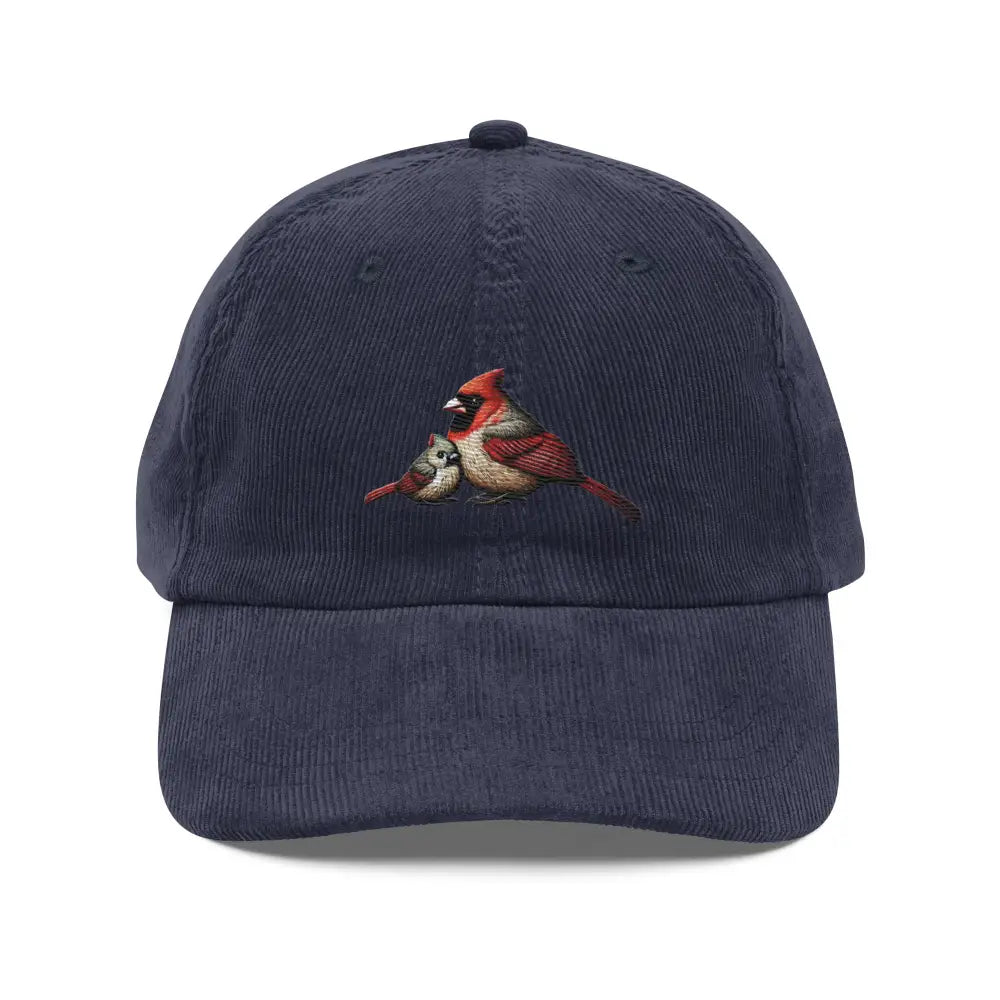 Navy blue vintage corduroy baseball cap with embroidered cardinals
