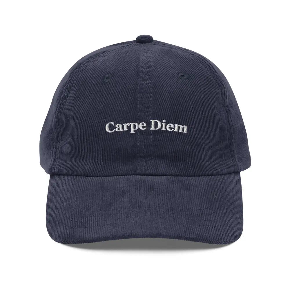 Navy blue Carpe Diem embroidered vintage corduroy cap by Trini Skies