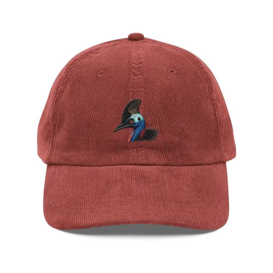 Cassowary Embroidered Vintage Corduroy Cap - Striking Bird Hat - Burgundy - Hats rust-colored corduroy baseball cap