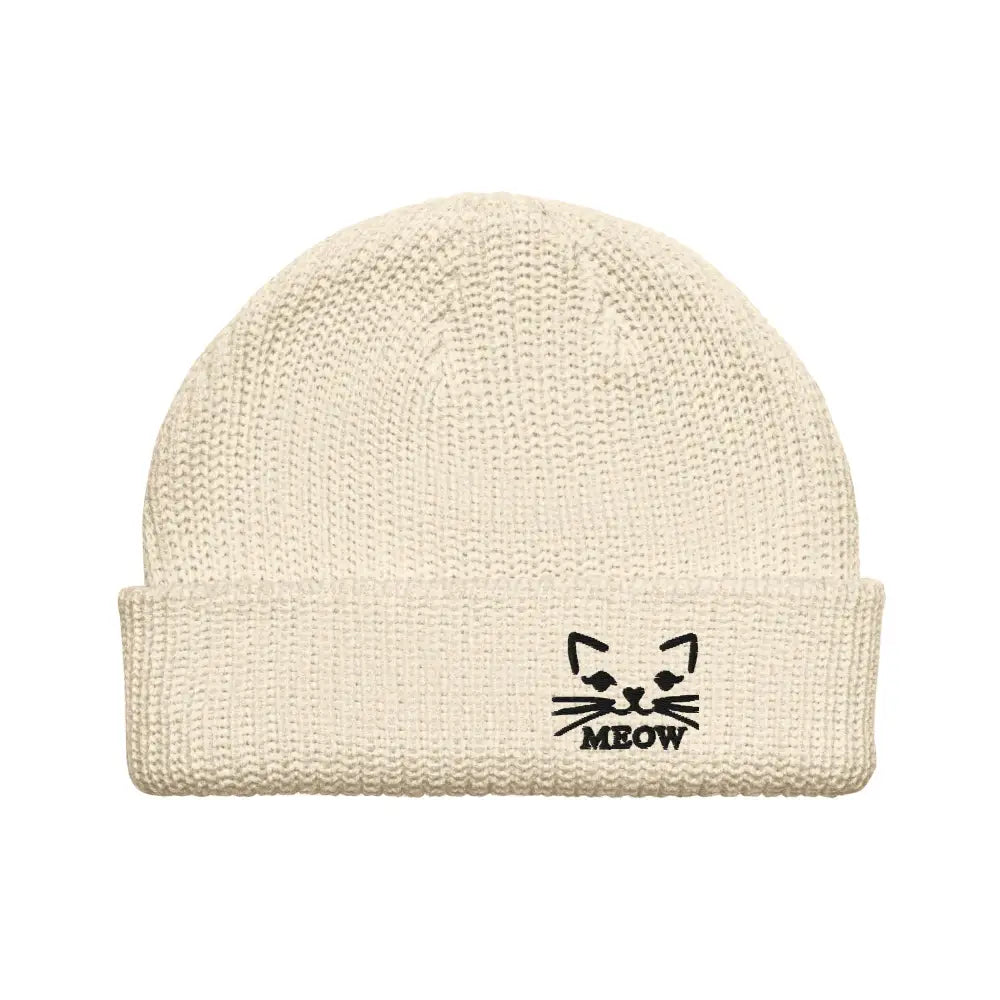 Cream-colored knit beanie with embroidered cat face and MEOW for embroidered cat lovers