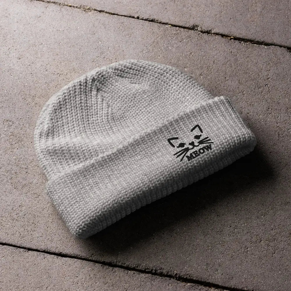 Light gray knit beanie with black cat face and MEOW embroidery for cat lovers