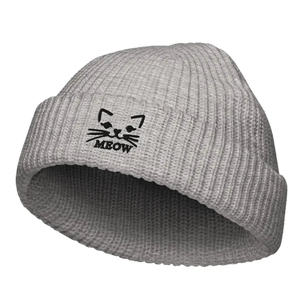 Light gray knitted beanie with black cat face embroidery for embroidered cat lovers