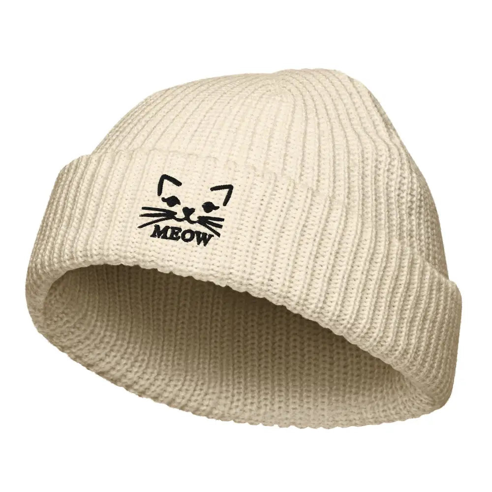 Cream-colored ribbed knit beanie with black cat face and MEOW embroidery for embroidered cat lovers