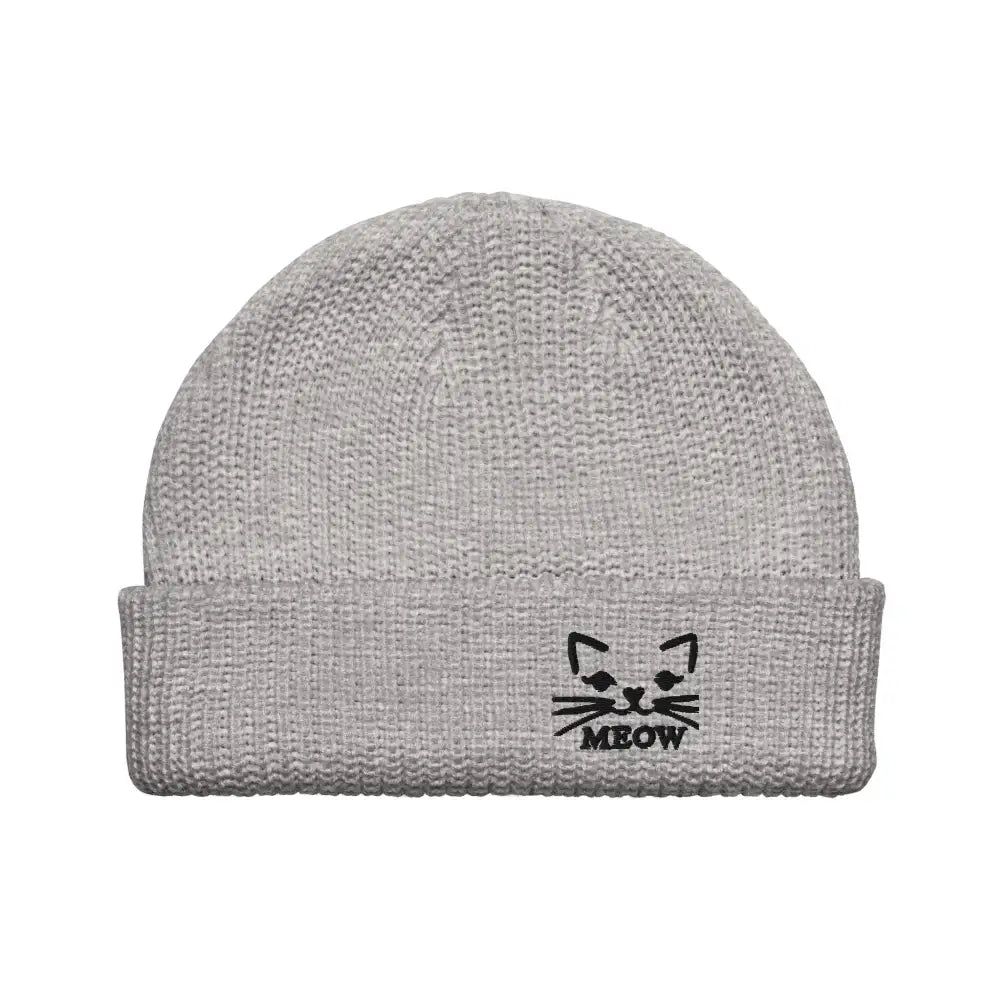 Light grey ribbed knit beanie with embroidered cat face for cat lovers