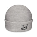 Light grey knit beanie for embroidered cat lovers with cat face and MEOW embroidery