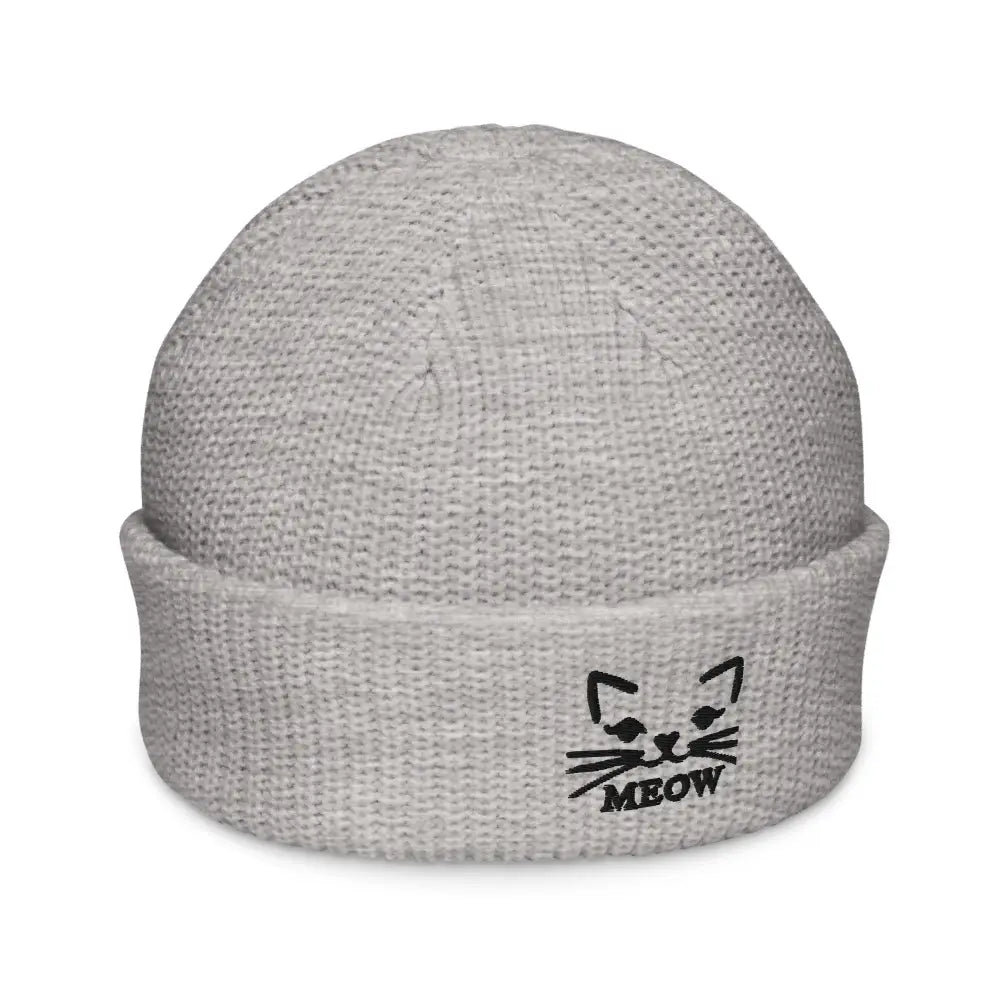 Light grey embroidered cat lovers knit beanie with cat face and Meow embroidery