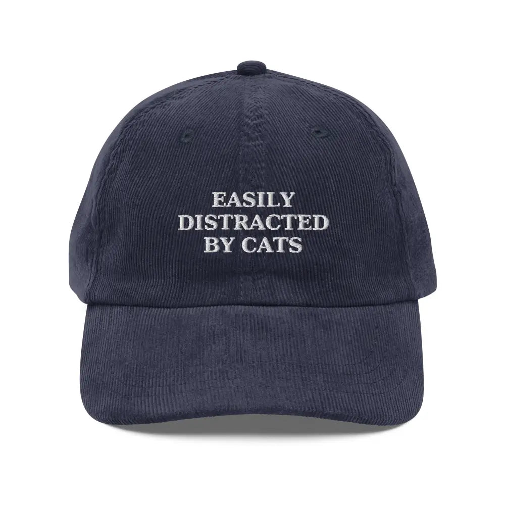 Cats embroidered vintage corduroy hat in navy blue with white text