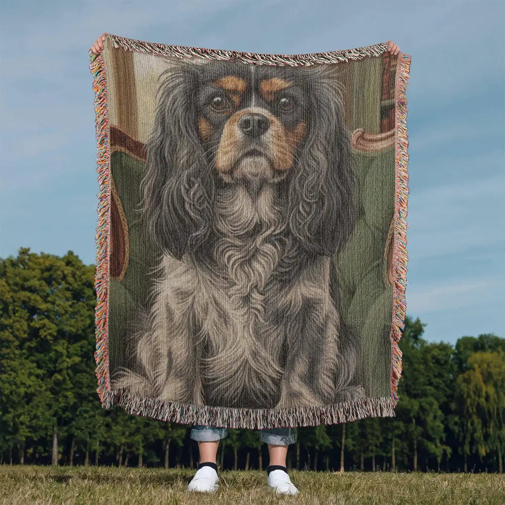 Woven cotton heritage blanket with Cavalier King Charles Spaniel on green library chair