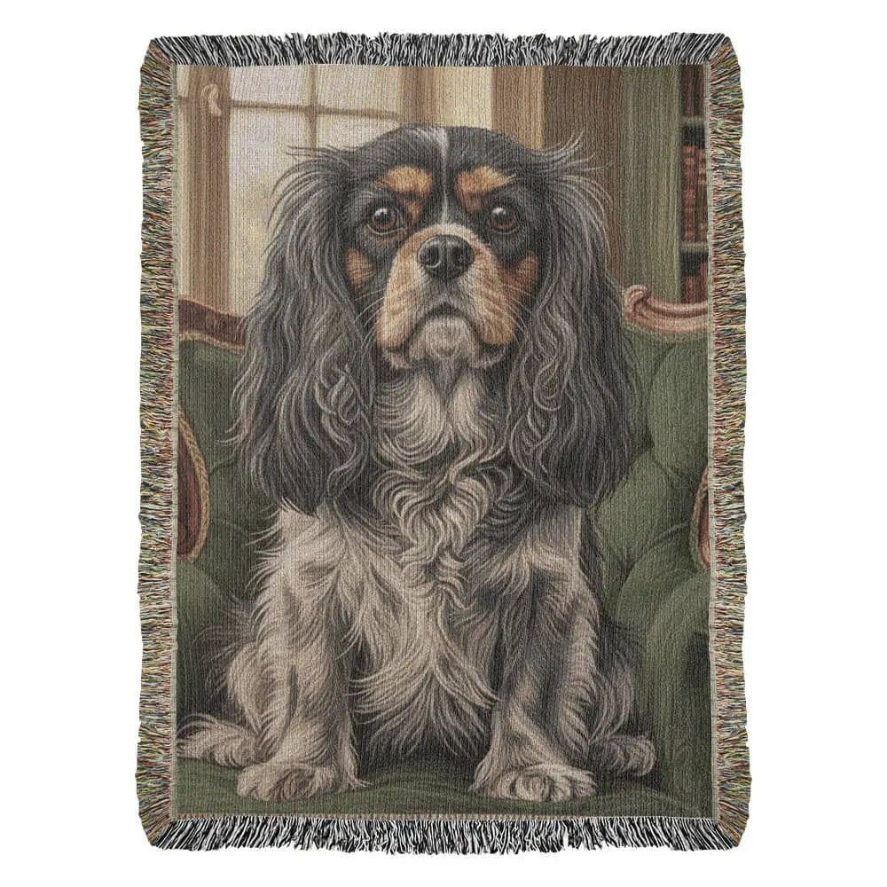 Woven cotton heritage blanket with Cavalier King Charles spaniel on green library chair