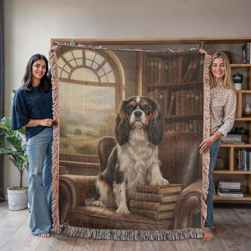Cavalier King Charles Spaniel on green library chair in woven cotton heritage blanket