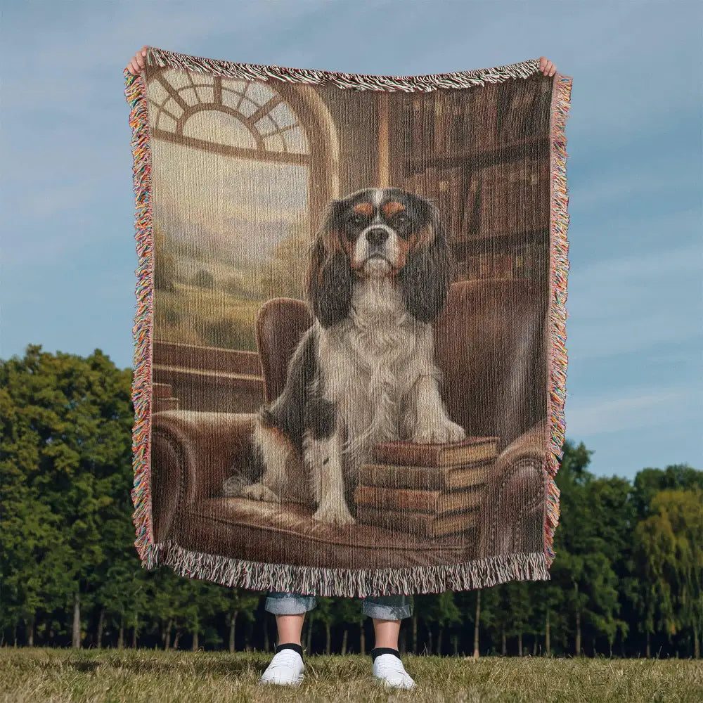 Woven cotton heritage blanket with Cavalier King Charles Spaniel on green library chair