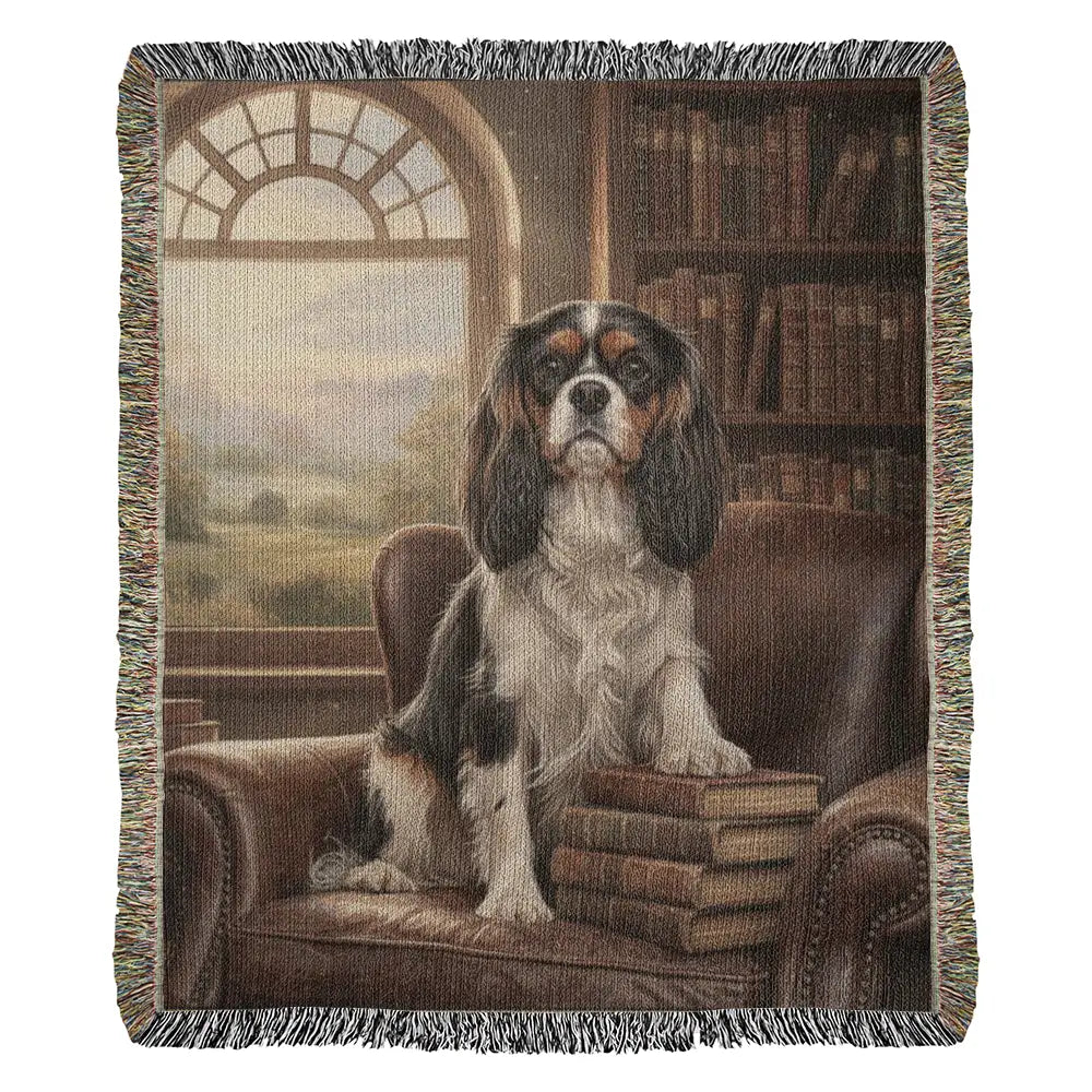 Cavalier King Charles Spaniel in green library chair on woven cotton heritage blanket