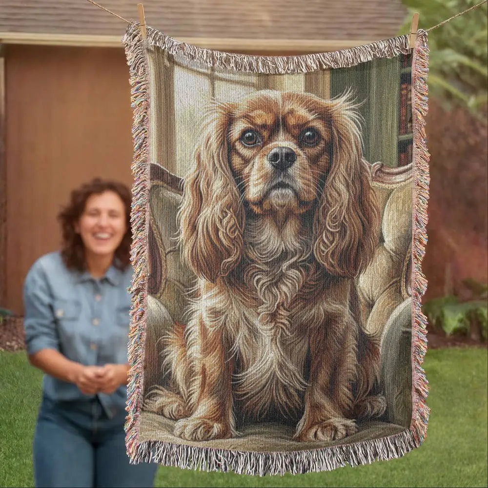 Cavalier King Charles spaniel on cotton heritage blanket pet lover gift