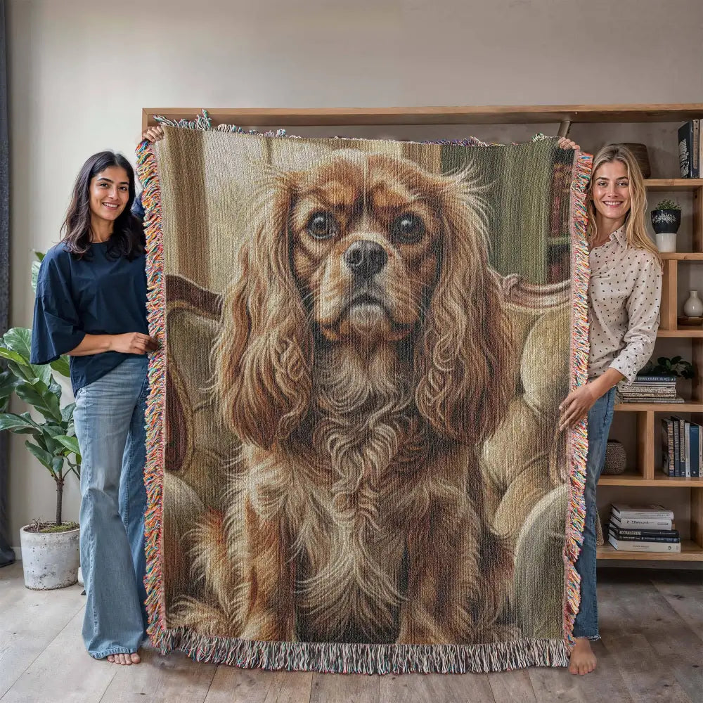 Woven cotton heritage blanket with Cavalier King Charles Spaniel portrait