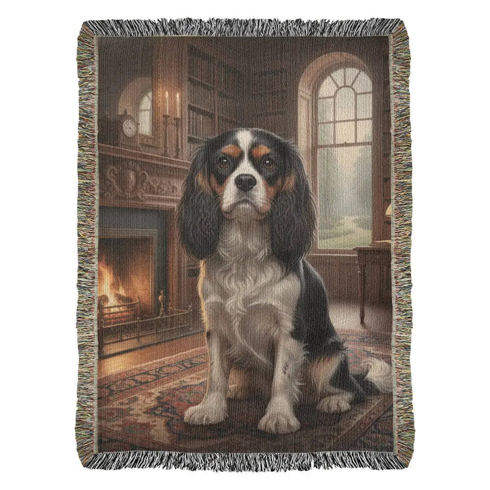 Cavalier King Charles Spaniel on cotton tapestry woven blanket in library