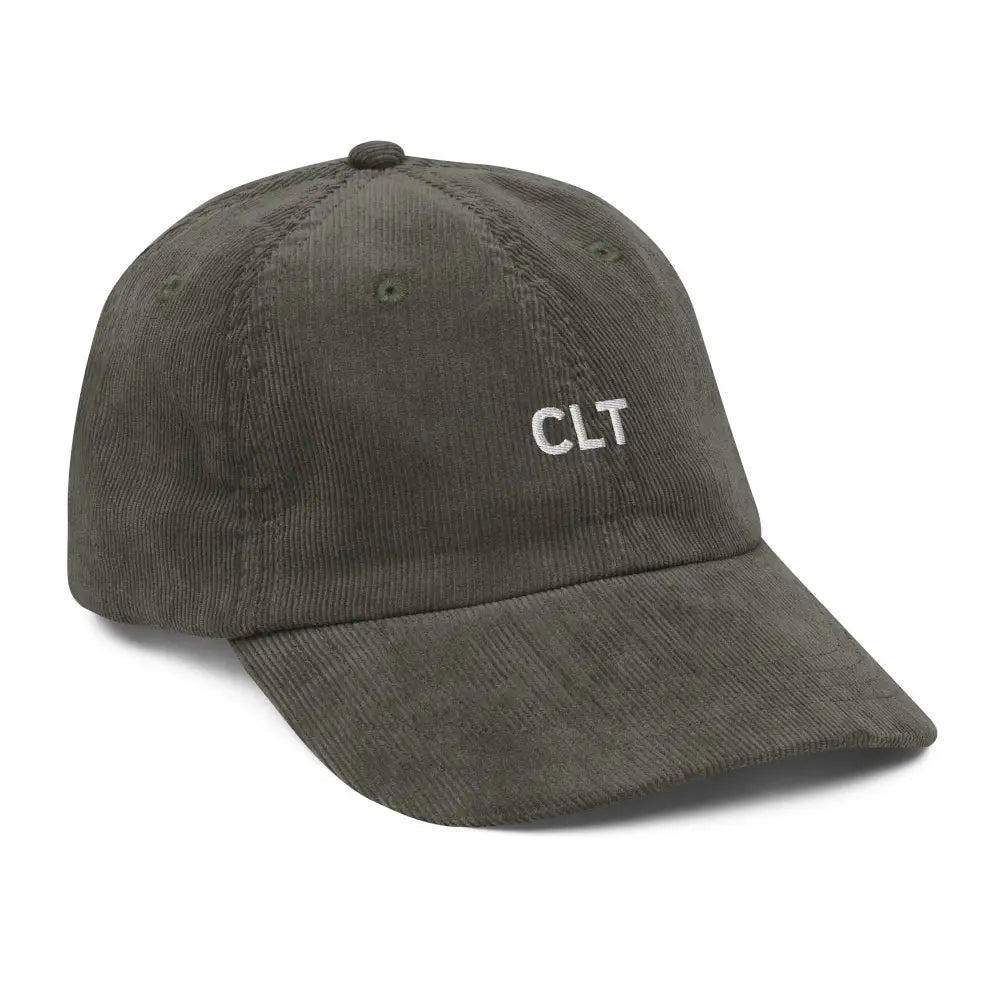 Olive green corduroy baseball cap with Charlotte CLT airport code embroidery