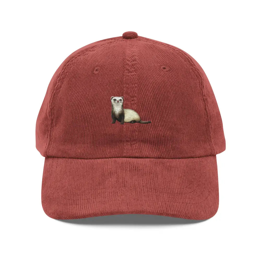 Charming ferret embroidered vintage corduroy cap in reddish-brown from Trini Skies