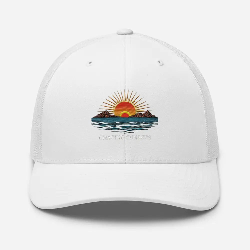 Chasing Sunsets Embroidered Trini Skies Trucker Cap with sunset ocean graphic