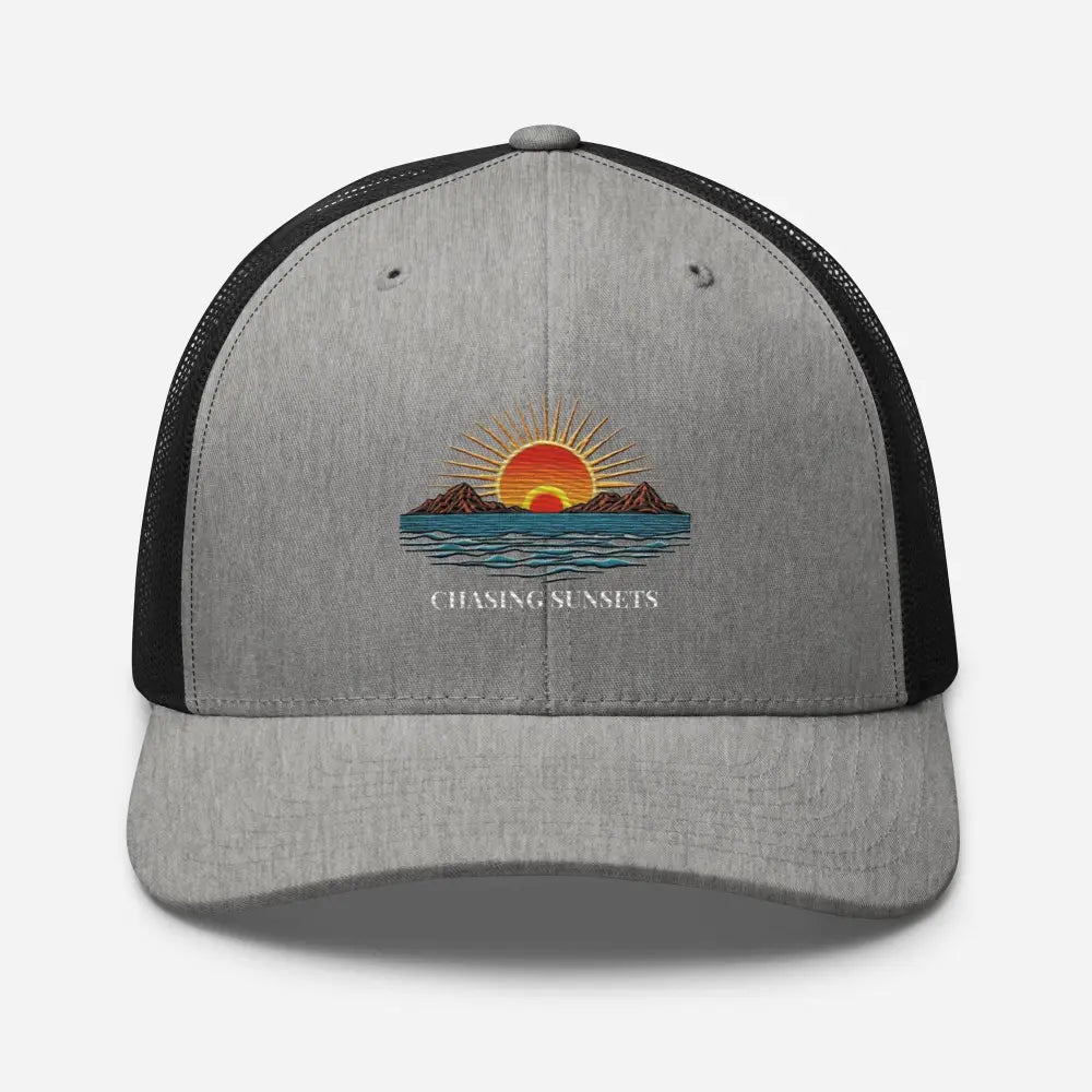 Gray and black Chasing Sunsets Embroidered Trini Skies Trucker Cap with sunset ocean graphic