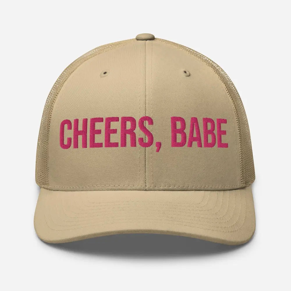 Tan Trini Skies Trucker Style hat with cheers babe embroidered pink text