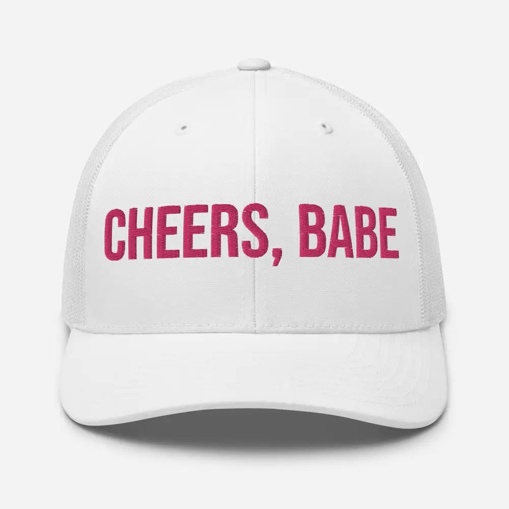 White trucker hat with pink cheers babe embroidered lettering by Trini Skies, embroidered corduroy cap