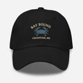 Black Yupoong dad hat with embroidered blue crab design