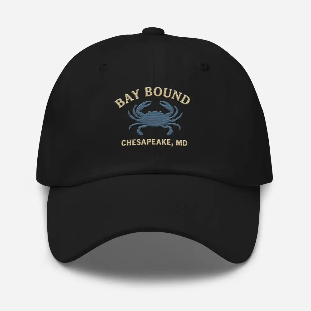 Black Yupoong dad hat with embroidered blue crab design