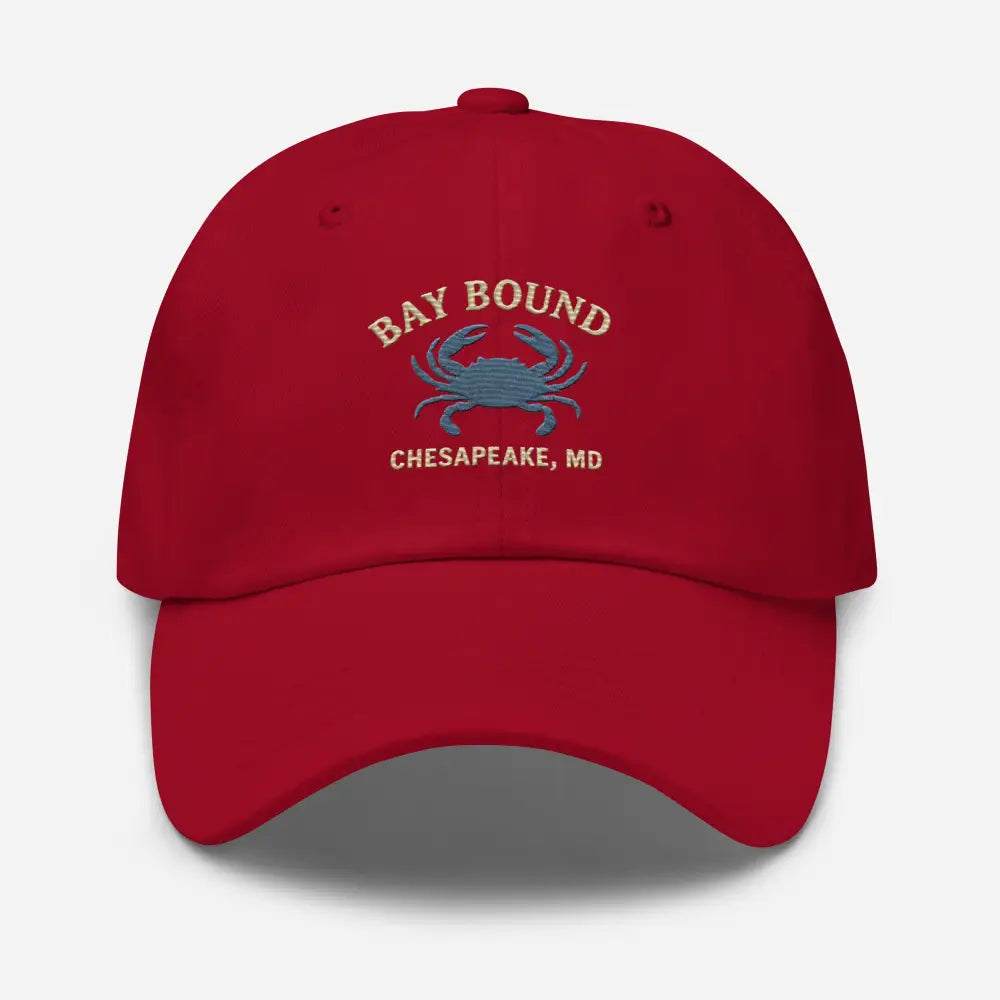 Red Yupoong Dad Hat with Bay Bound Chesapeake MD Crab Embroidered