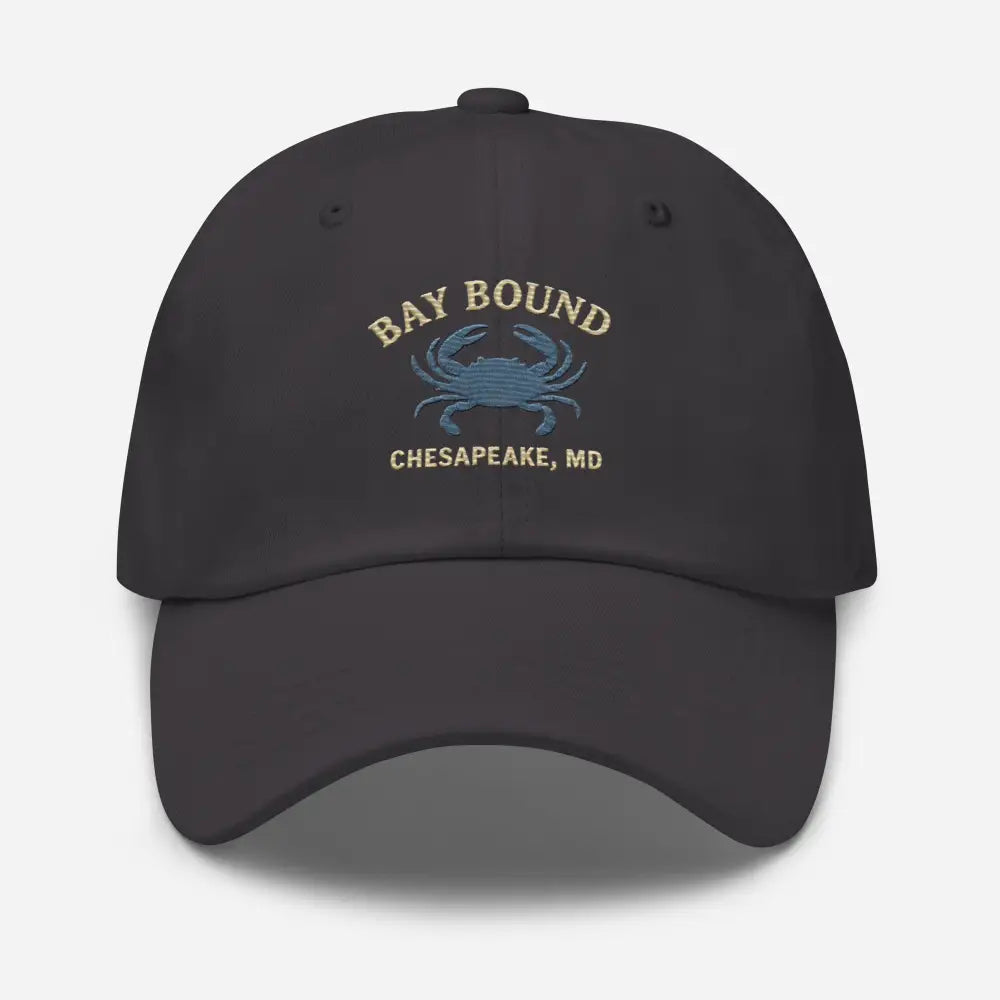 Dark gray Yupoong dad hat with embroidered blue crab for summer dock mornings