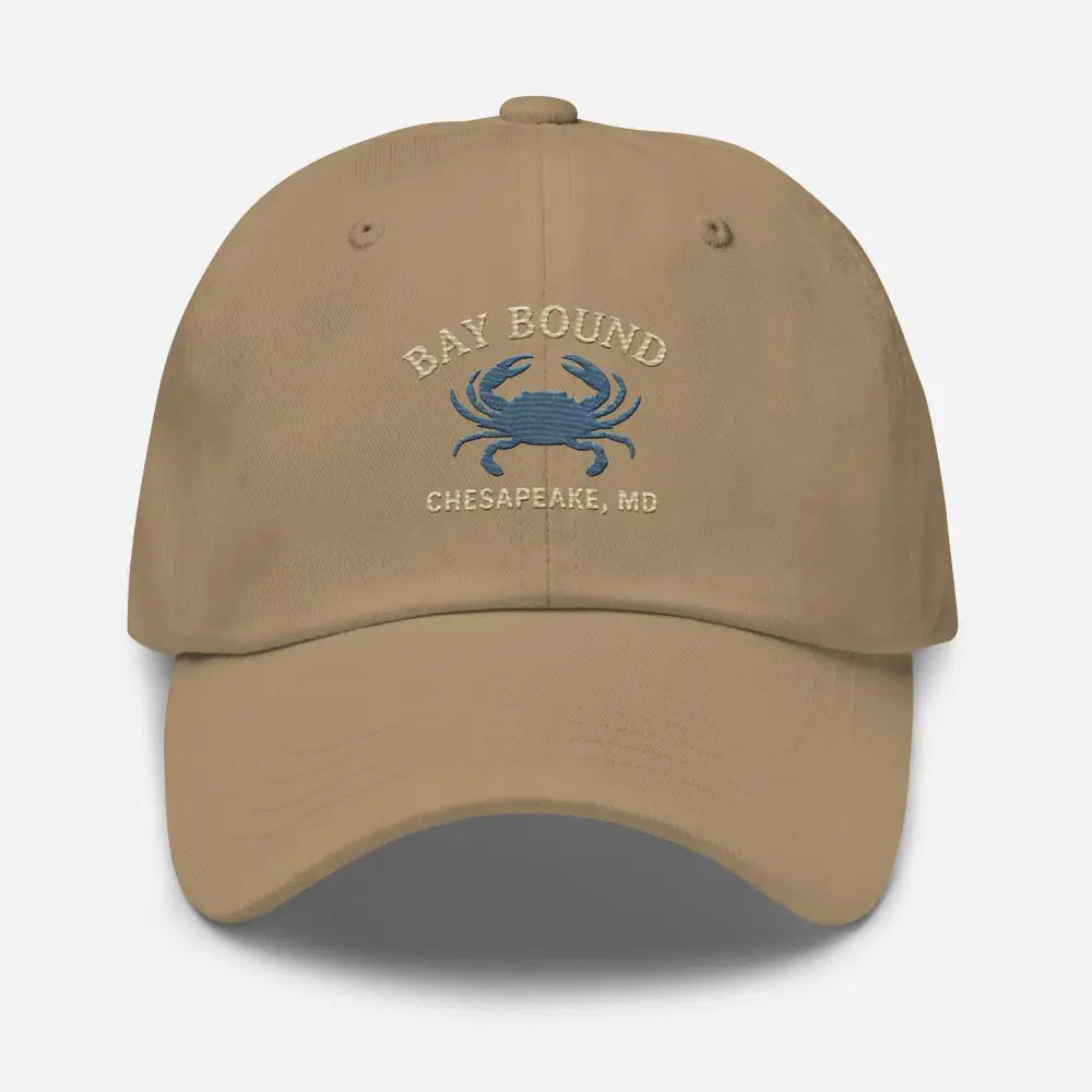 Khaki Yupoong dad hat with blue crab embroidery for summer dock mornings