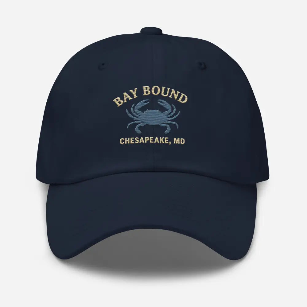 Navy blue Yupoong dad hat with embroidered crab for summer dock mornings