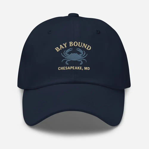 Navy blue Yupoong dad hat with embroidered crab for summer dock mornings