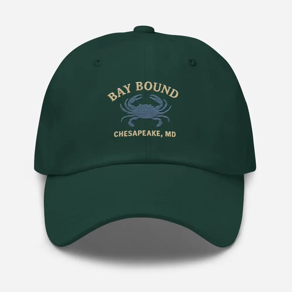 Dark green Yupoong dad hat with embroidered blue crab and Bay Bound Chesapeake MD text