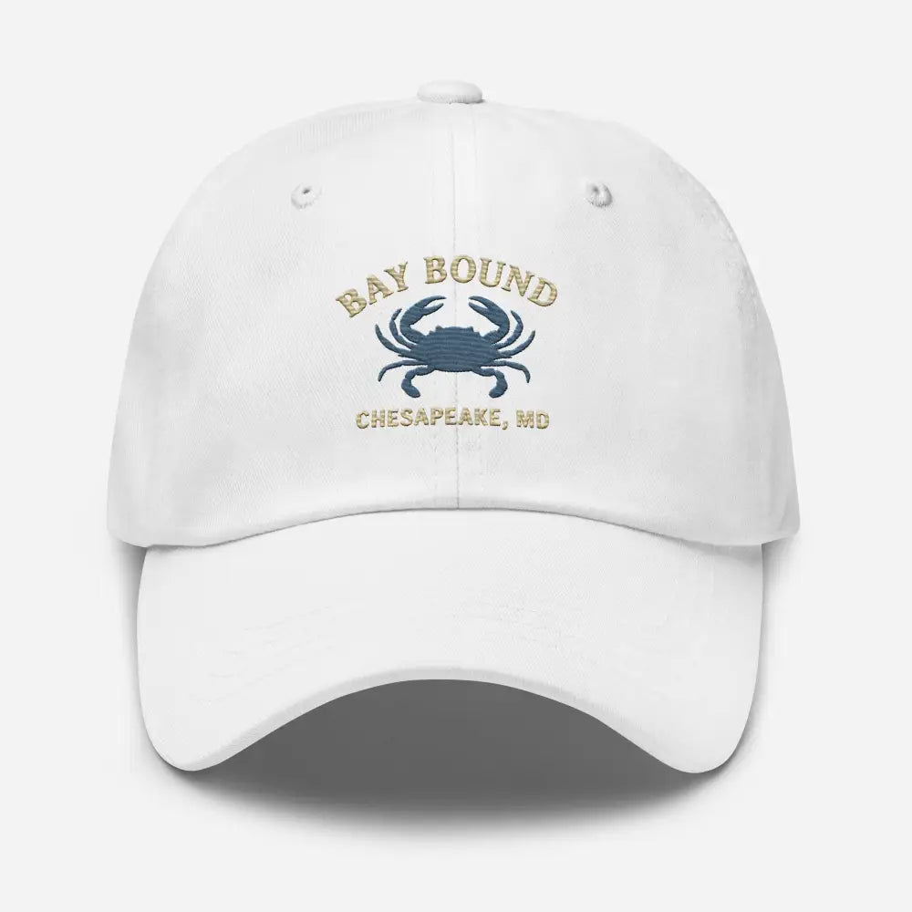 White Yupoong dad hat with embroidered crab and Bay Bound Chesapeake MD text