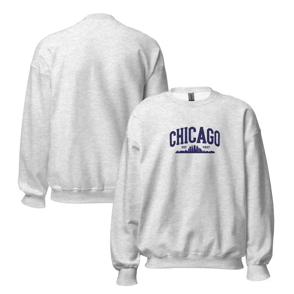 Embroidered Chicago sweatshirt in light grey crewneck with Chicago Est. 1837 graphic by Trini Skies