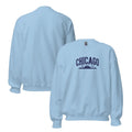 Light blue embroidered Chicago sweatshirt with skyline graphic by Trini Skies